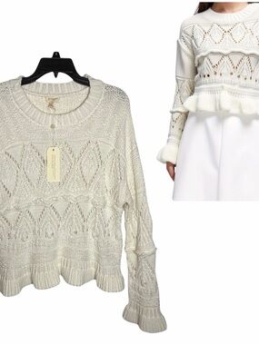 NWT Greige White Cottagecore Crochet Sweater Ruffled Hem Knit Pullover Size L